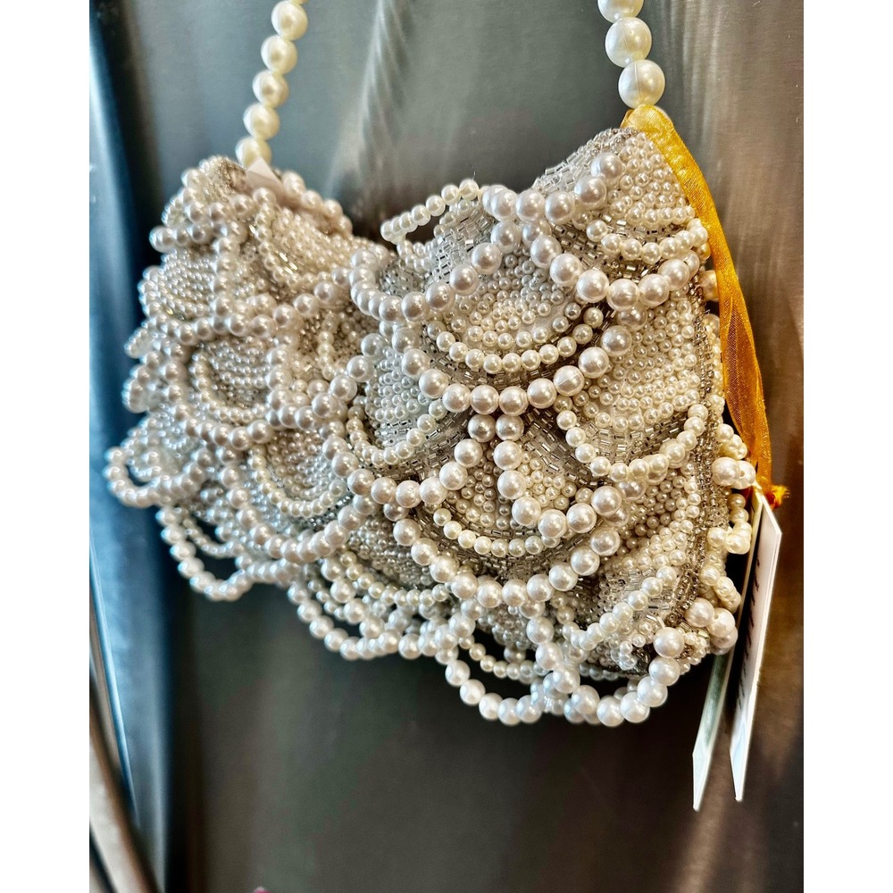 VIRAL INDIA HANDMADE Beaded Pearl Scallop Evening Bag Bridal Wedding Clutch - Picture 2 of 11